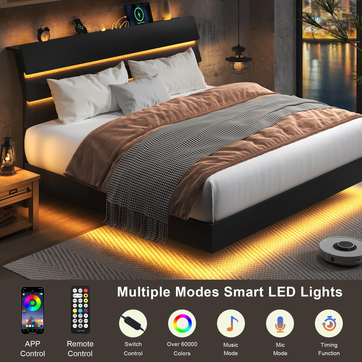 Feonase Floating Bed Frame King with Led Lights and Charging Station, Wood Full Size Bed Frame with Storage Headboard, Heavy Duty Metal Slats, No Box Spring Needed, Easy Assembly,Black Feonase