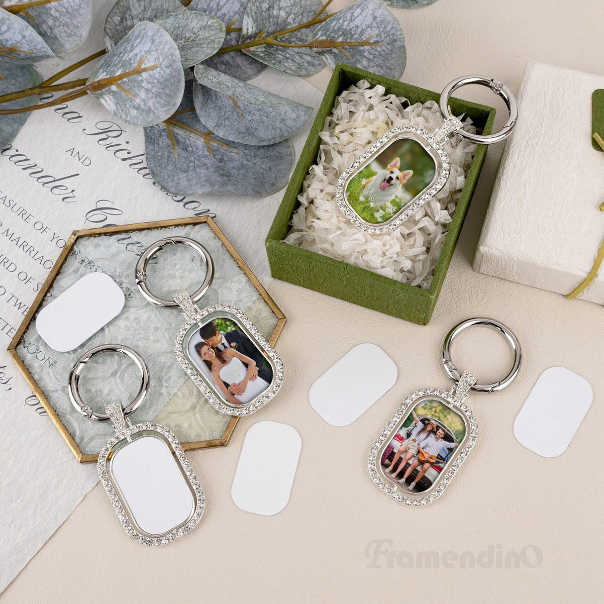 Framendino, 6 Pack Sublimation Blanks Metal Keychains Rhinestone Heat Transfer Square Rectangle Press Key Rings for Personalized DIY Crafts Photo Framendino