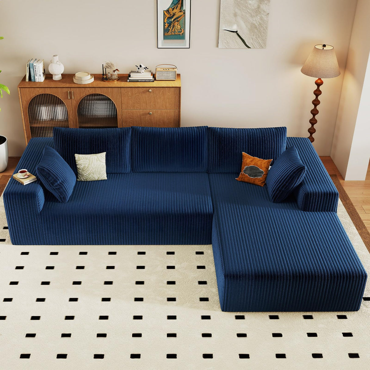 96" Modular Sectional Couch, Boneless L Shaped Cloud Sofa with Chaise Lounge, Corduroy Upholstered Couches Memory Foam Deep Seat, No Assembly Required, Ideal for Living Room(Blue, Right Facing) Lakifun