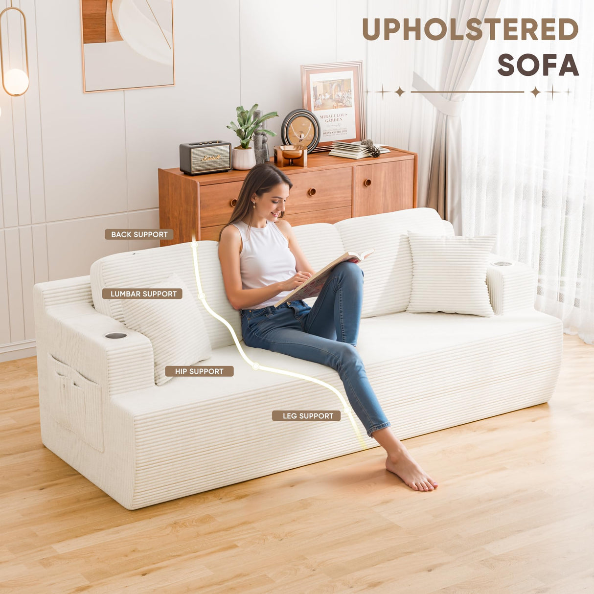 Homall 87” Boneless Sofa Couch with 2 Pillows Extra Deep Seats, Corduroy Fabric 3 Seater with Cup Holder & Storage Pocket Upholstered Floor Easy Installation (White, 3 Seater) Homall