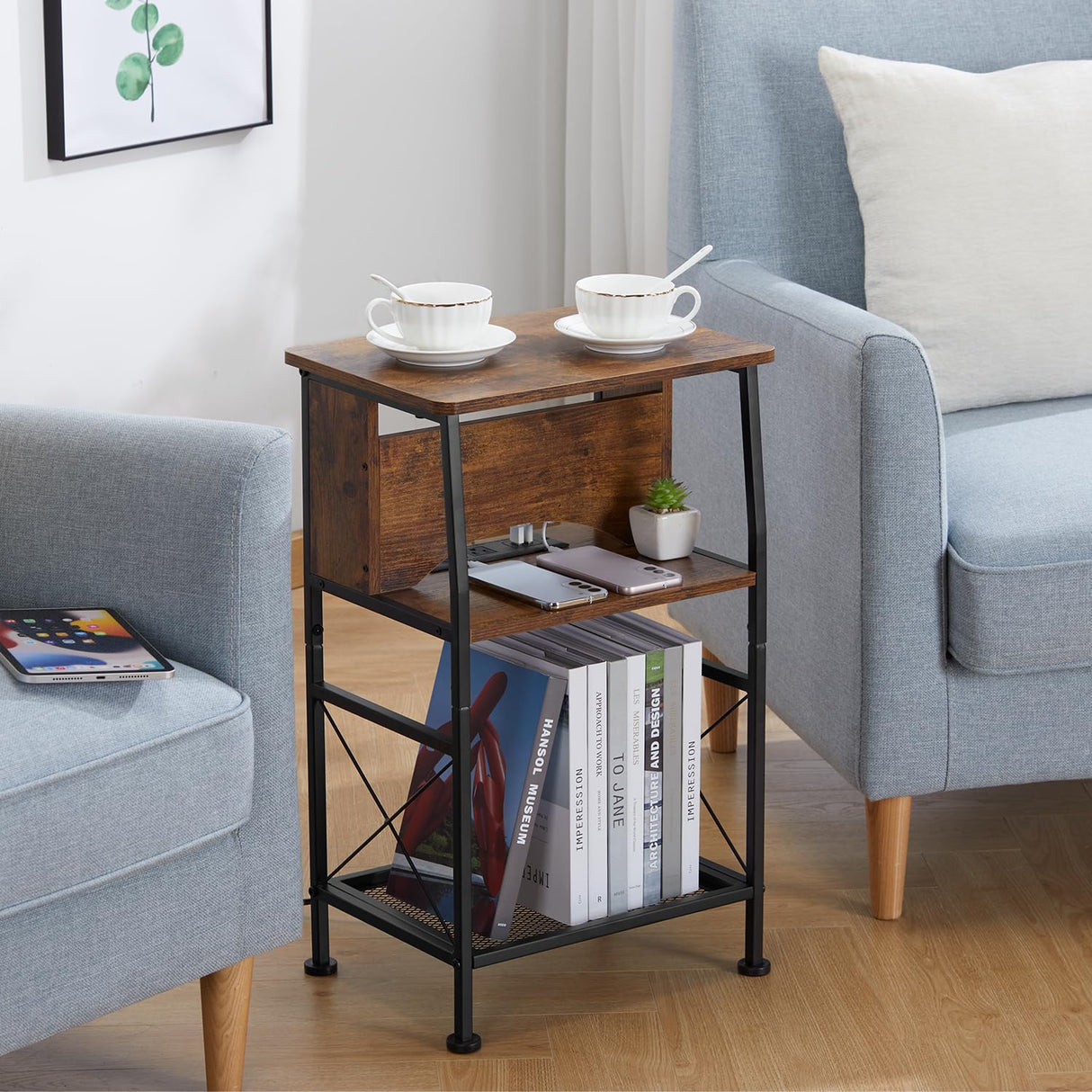 3 Tier Narrow Side Table with Charging Station, Slim End Table Nightstand Table Storage Shelf With Hidden USB Ports , Two Installation Methods For Small Spaces/Bedroom/Living Room/Office,Rustic Brown YEAKOO