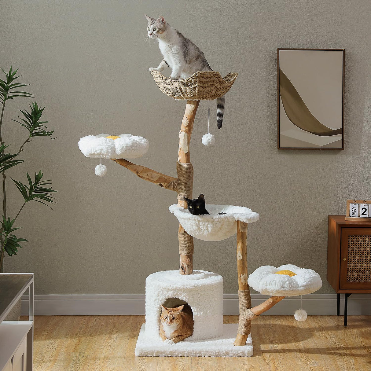 MUTTROS 59" Modern Cat Tree Tower for Large Cats w/2 Flower Perches-Natural Solid Wood Scratching Post with Real Branch-Luxury Boho Cat Furniture w/Condo & Wicker Basket Bed, Cloud White MUTTROS