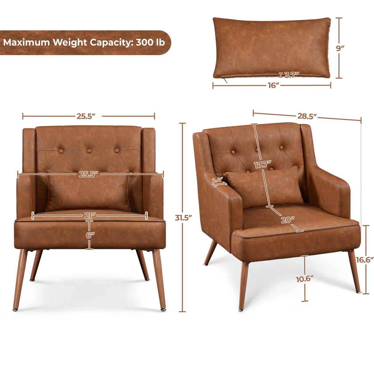 Yaheetech Accent Chair, Living Room Chair Mid Century PU Leather Armchair Lumbar Pillow, Comfy Upholstered Reading Chair Wood Leg Bedroom Brown 2PCS Yaheetech