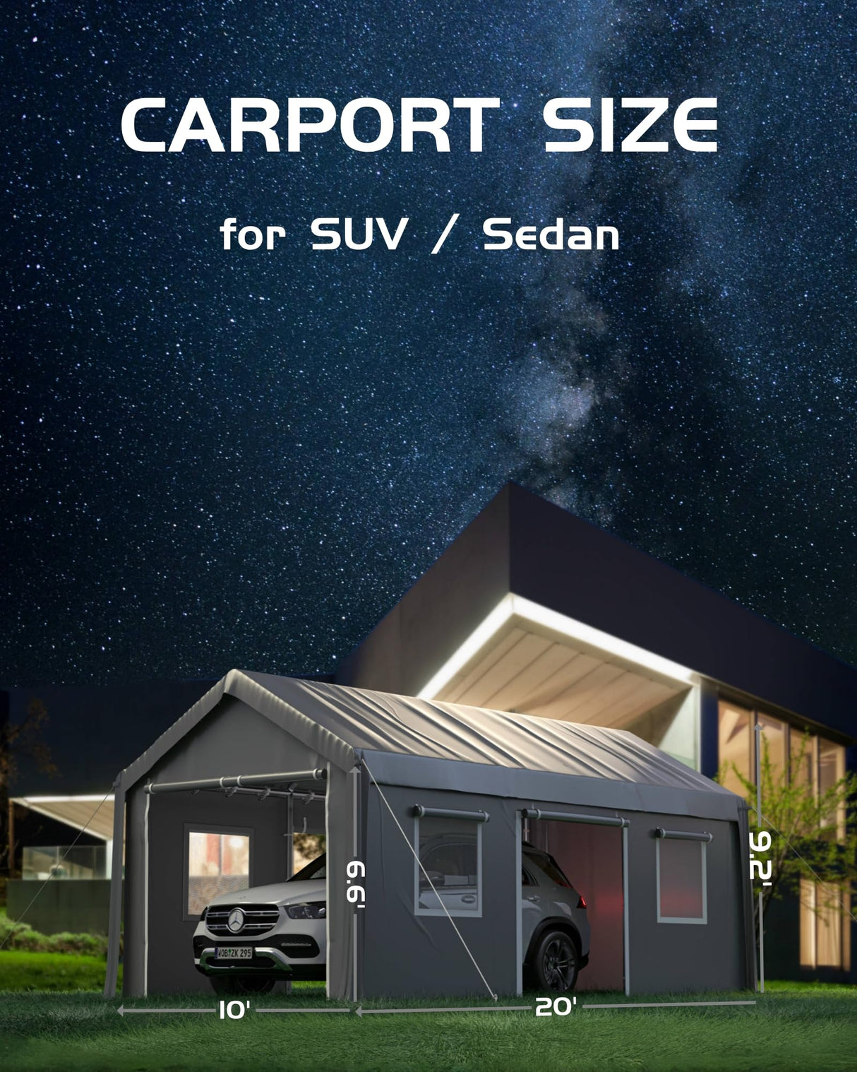 Hipicute 10' x 20'x 10' Portable Garage, Heavy Duty Carport with 180G Side Walls, Front and Rear Doors, Car Shelter for Trucks, Boats, and SUVs - Grey Hipicute