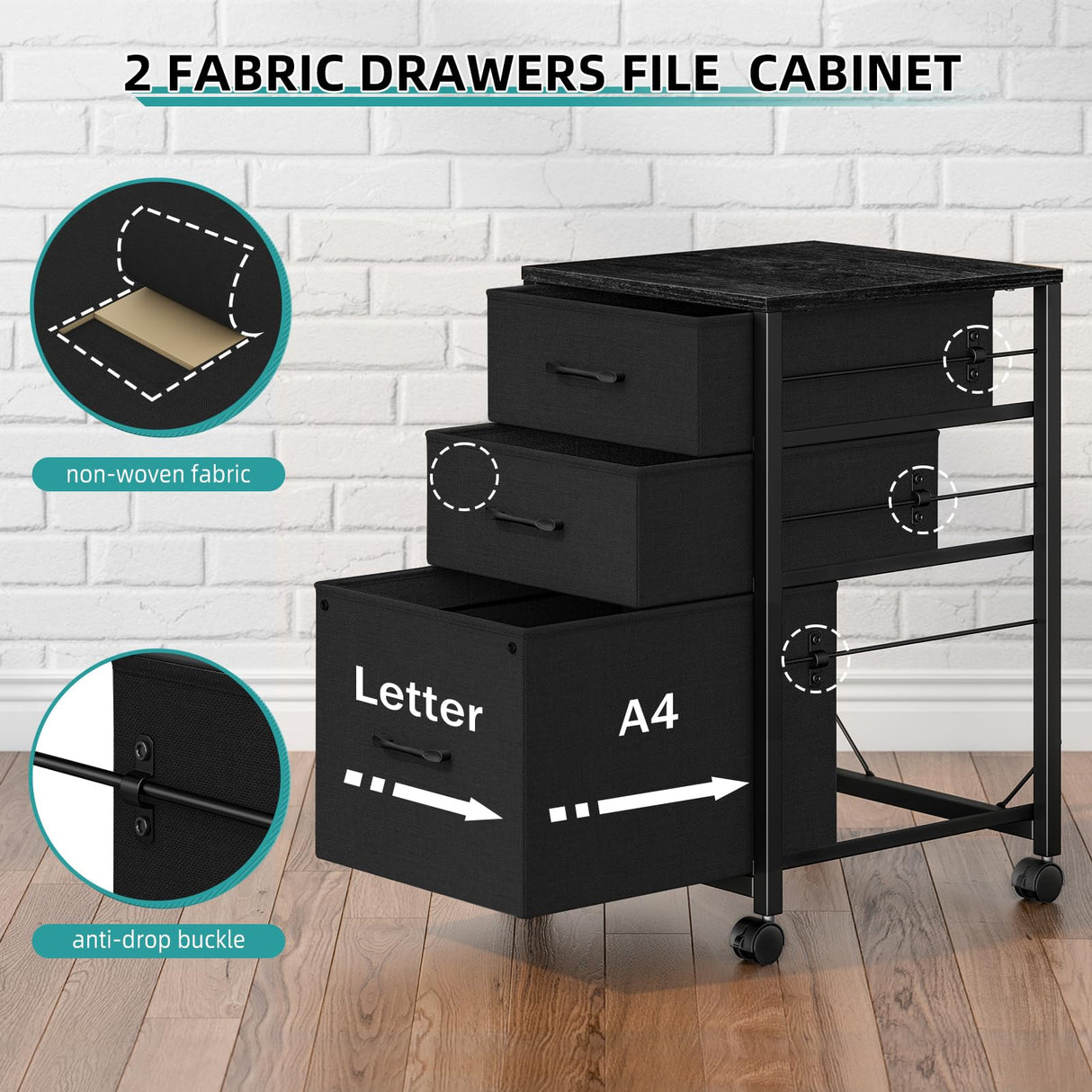 Raybee 3 Drawer File Cabinet Printer Stand Filing Cabinet Rolling File Cabinets for Home Office Fabric Vertical Office Storage Cabinet Fits A4, Legal, Letter Size, 16.9" D*15.6" W*26.6" H, Black Raybee