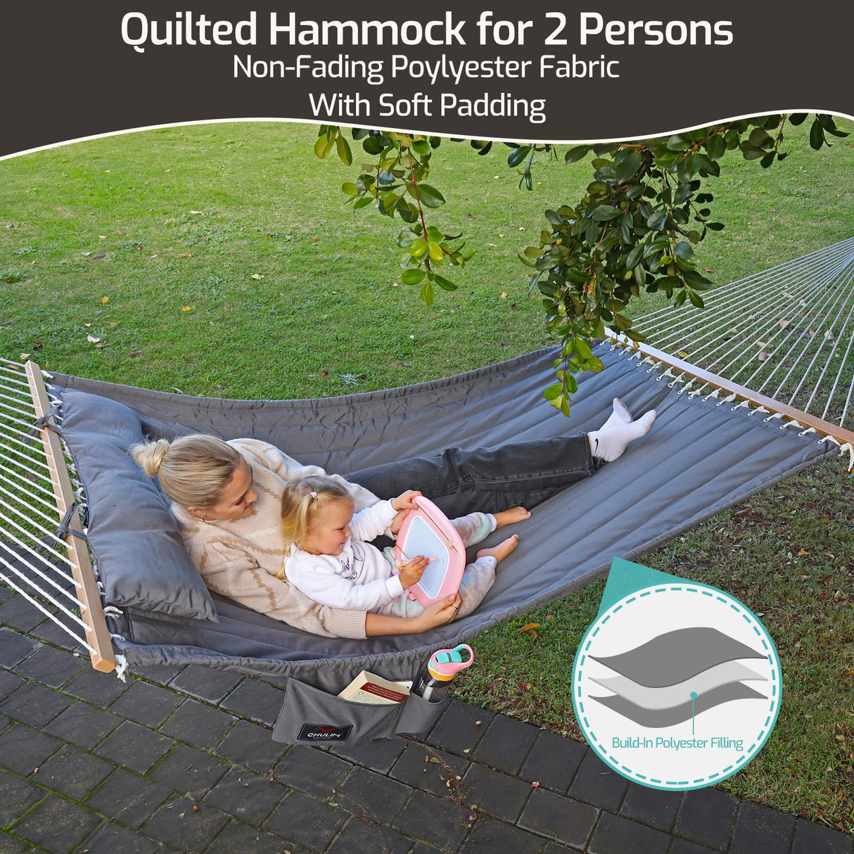 CHULIM Double Quilted Fabric Hammock with Hardwood Spreader Bars and Pillow 450 LBS Capacity 2 Person Hammock Large Hammock for Outdoor Patio Backyard Poolside - Green CHULIM
