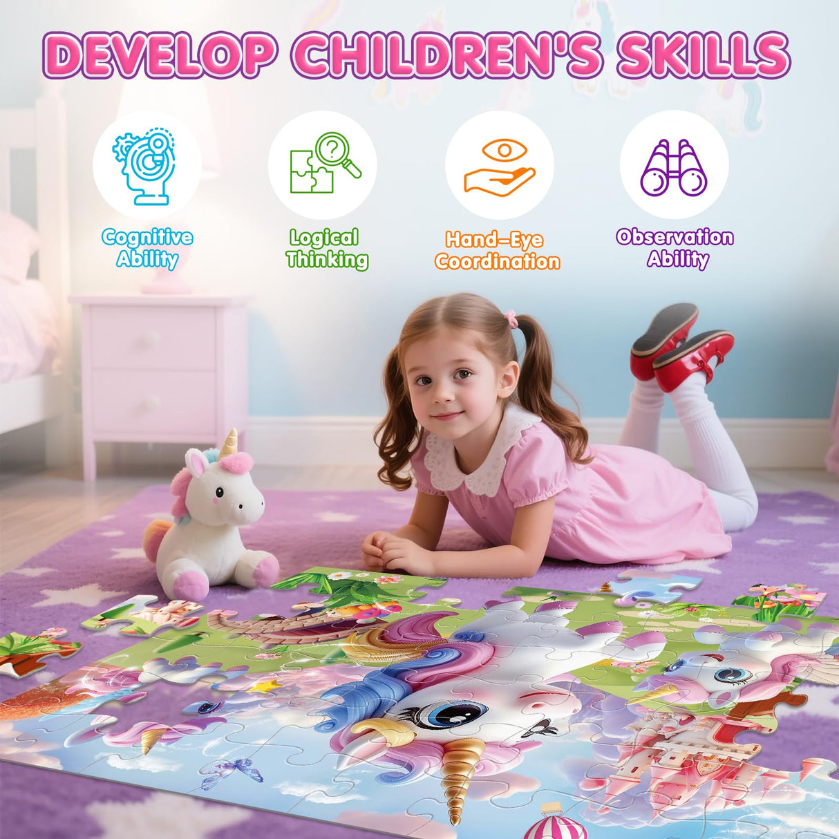 Jumbo Floor Puzzle for Kids,48 Piece Unicorn Large Jigsaw Puzzles,Puzzle for Toddler Ages 3-5,Fun Educational Preschool Learning Toy Gift for Boys & Girls Ages 4-8 IFLOVE