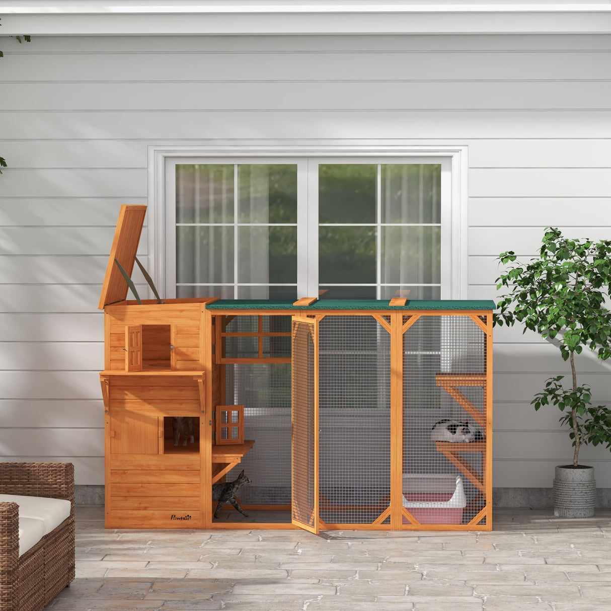 PawHut Outdoor Cat House for 3 Kitties, Multi-Level Design with Big Hiding Areas, Large Catio Cat Enclosure with 2 Stories & Multiple Platforms, Cat Condo for Large Cats, Orange PawHut