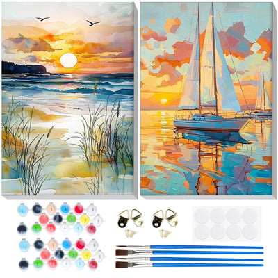Bowetile 2 Pack Landscape Paint by Numbers for Adults Beginners Framed, Beach Adults' Paint-by-Number Kits, Easy Adult Paint by Number Kits on Canvas, Acrylic Number Painting for Home Decor, 8x12in