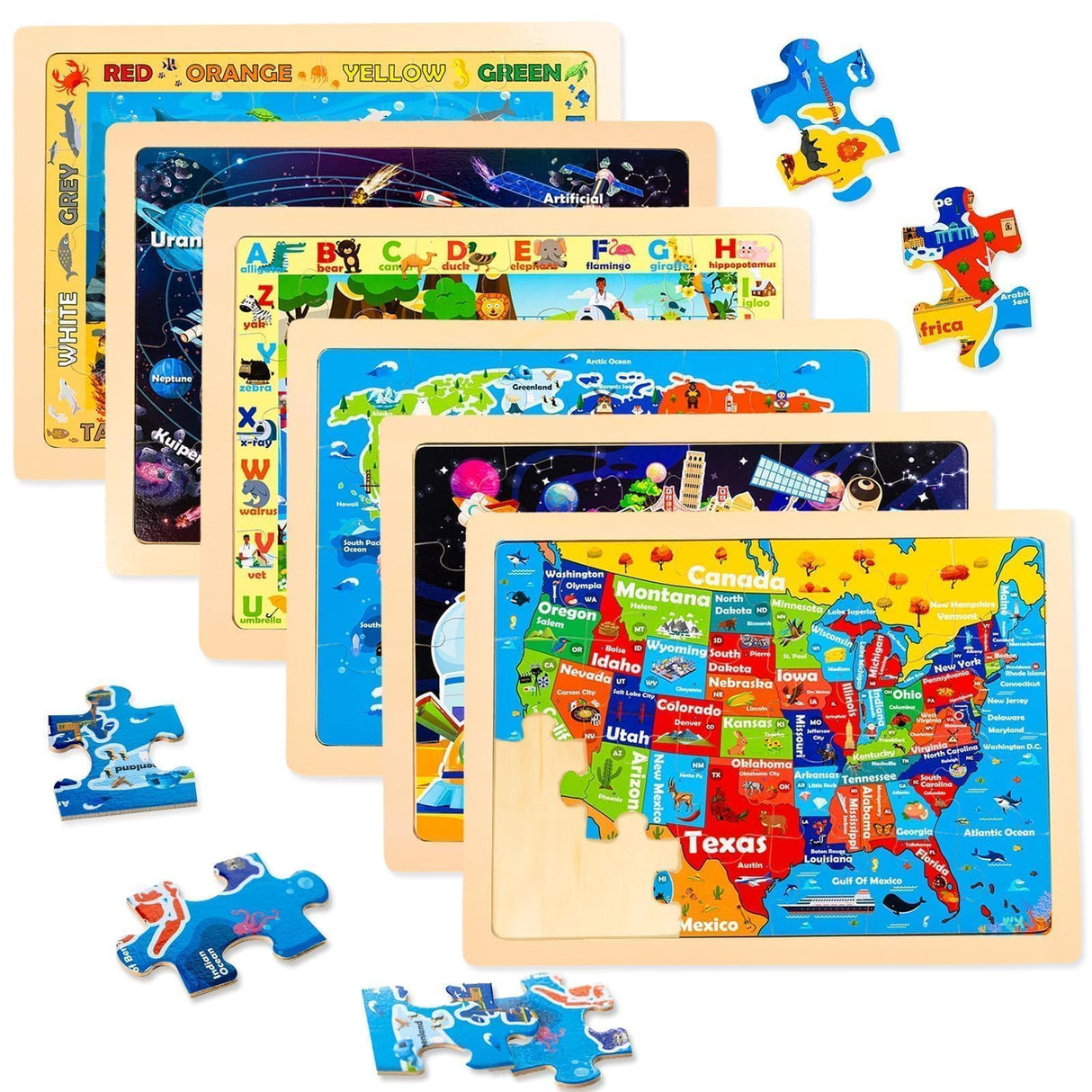 EggSun Wooden Puzzles for Kids Ages 4-6, 6 Packs 24Pcs Solar System States World Map Wooden Puzzles for Kids 3 4 5 6 Year Old, Preschool Educational Brain Toys Gifts for Boys and Girls EggSun