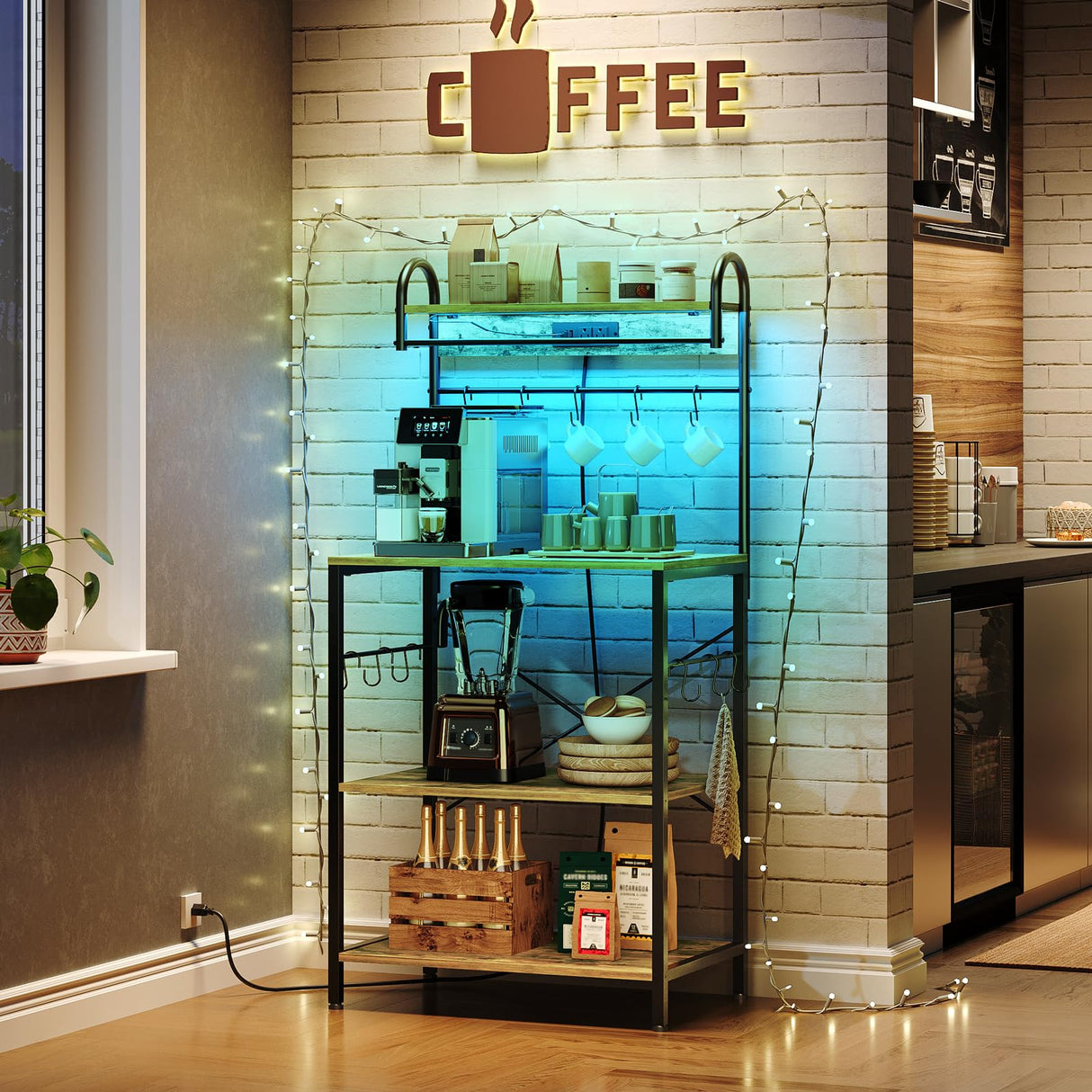 YATINEY Bakers Rack with Power Outlets and Led Lights, 4-Tier Microwave Stand, Coffee Bar Station, Kitchen Storage Shelf, Kitchen Spice Rack with S-Shaped Hooks, for Pots and Pans, Rustic Brown HB20BR YATINEY