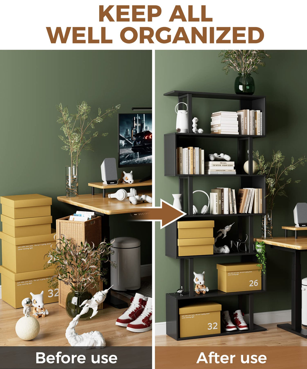 Gadroad 6 Tier Geometric Bookcase, Black Book Shelves, Modern Corner Bookcase Storage Shelf Wood for Bedroom, Living Room, Home Office, Black Gadroad