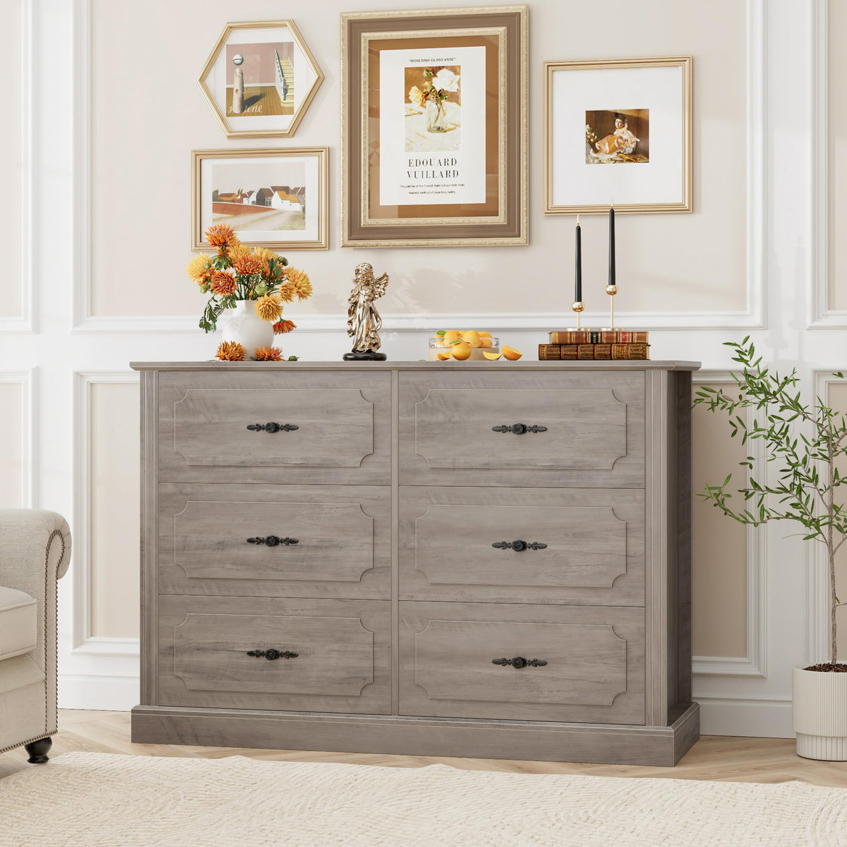finetones Wood Dresser 6 Drawer, 47.2'' Grey Dresser Farmhouse Dresser Chest of Drawers with Designed Drawer Surfaces, Grey Dresser with Deeper Drawer, Ash Grey finetones