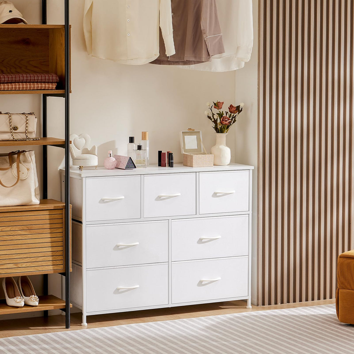 DUMOS Dresser for Bedroom, Chest of Drawers, Closet Storage with 7 Drawers, Cloth Dresser Clothes Organizer Tower with Fabric Bins, Metal Frame, Wood Tabletop for Nursery, Kids Room, White DUMOS