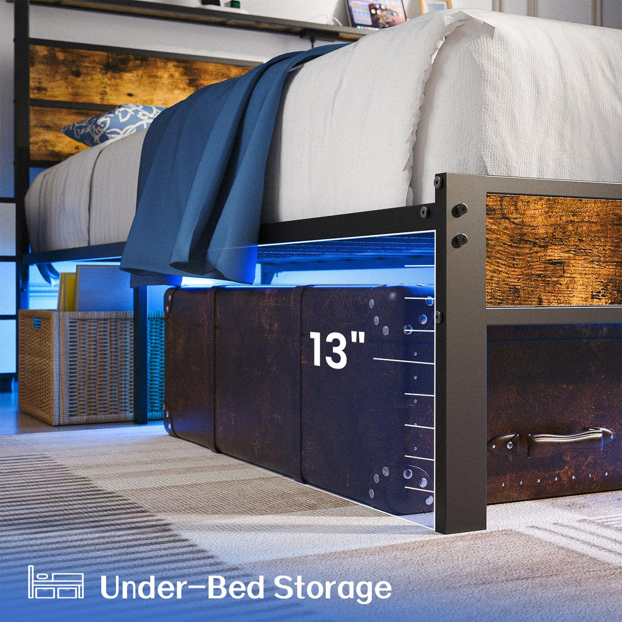 Full Metal Bed Frame with USB Charging Station, Headboard Storage, LED Lights, Noise-Free Design, No Box Spring Needed, Black Liians