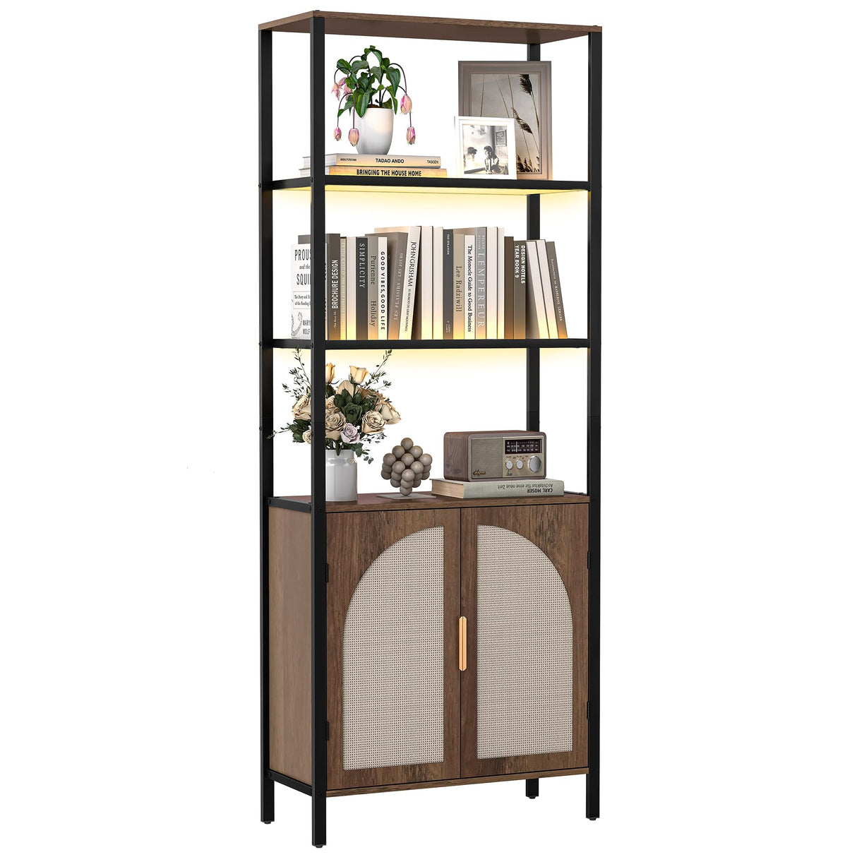 Turosur Bookshelf with Rattan Doors & LED Lights, 71" Tall Bookcase with Storage & Adjustable Shelf, Boho Display Standing Shelf Unit for Bedroom, Living Room and Home Office Turosur