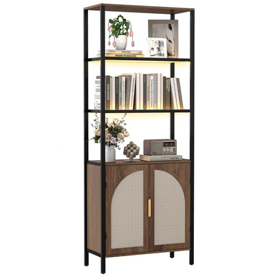 Turosur Bookshelf with Rattan Doors & LED Lights, 71" Tall Bookcase with Storage & Adjustable Shelf, Boho Display Standing Shelf Unit for Bedroom, Living Room and Home Office