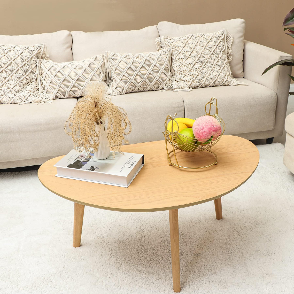 FIRMINANA Small Oval Coffee Table Mid Century Modern for Living Room Center Minimalist Display Coffe Table,Nature Wood,18.9" D x 33.47" W 15.75" H FIRMINANA