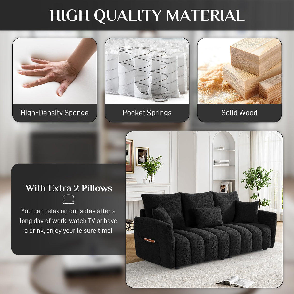 Wrofly Teddy Cloud Sofa Couch, Modern Deep Seat Boucle Sofa, 80.2" Comfy Upholstered Sherpa 3 Seater Couch with 3 Pillows, Oversized Loveseat for Living Room Apartment Office, Black Wrofly