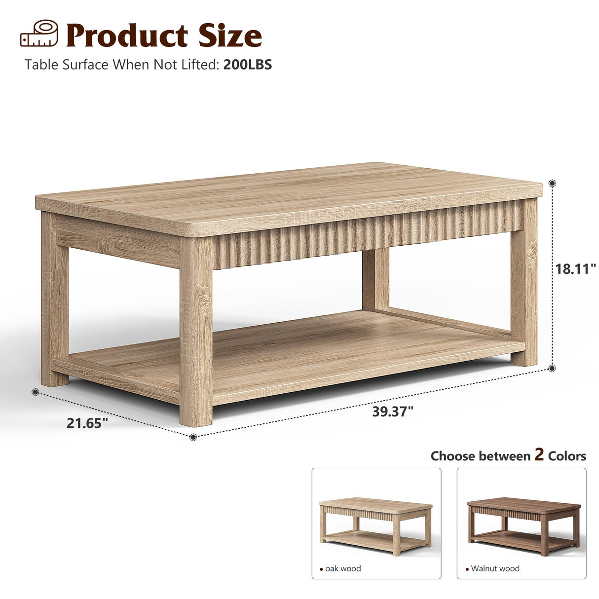 Homkdom Coffee Table, 39 Inch Modern Coffee Tables for Living Room with 2-Tier Storage & Wave-Edge, Oak Center Table for Bedroom/Office Homkdom