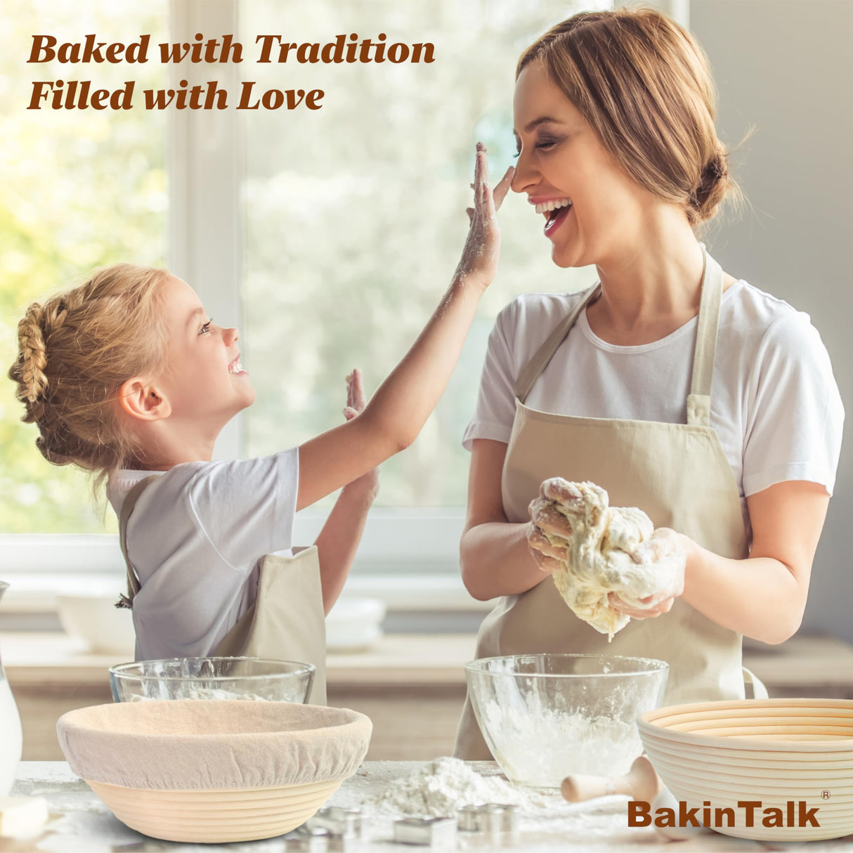 BakinTalk Banneton Bread Proofing Basket Set of 2, 9" Round Sourdough Banneton Baskets with Linen Liners, Premium Handmade Natural Indonesian Rattan, Bread Bowls for Rising and Baking BakinTalk