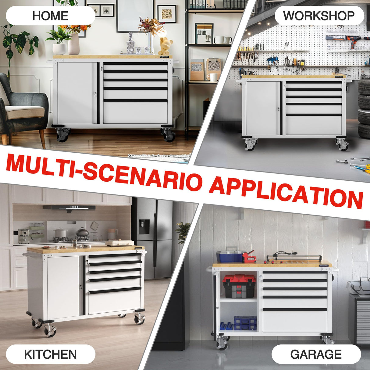 WORKPRO 52" x 20" 5-Drawer & 1-Door Rolling Tool Chest, Heavy Duty Tool Chest with Wheels, Power Strip, Locking System, Rolling Cabinet for Garage, Home & Kitchen, 1000 lbs Capacity WORKPRO