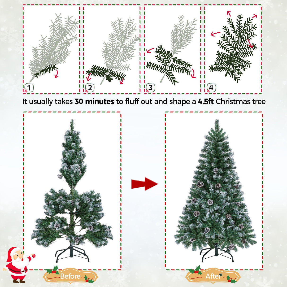 Yaheetech 4.5ft Pre-lit Christmas Tree, Snow Flocked Artificial Christmas Tree with 35 Snow Pinecones & 412 PVC Branch Tips & 150 Warm White Lights, White & Green Yaheetech