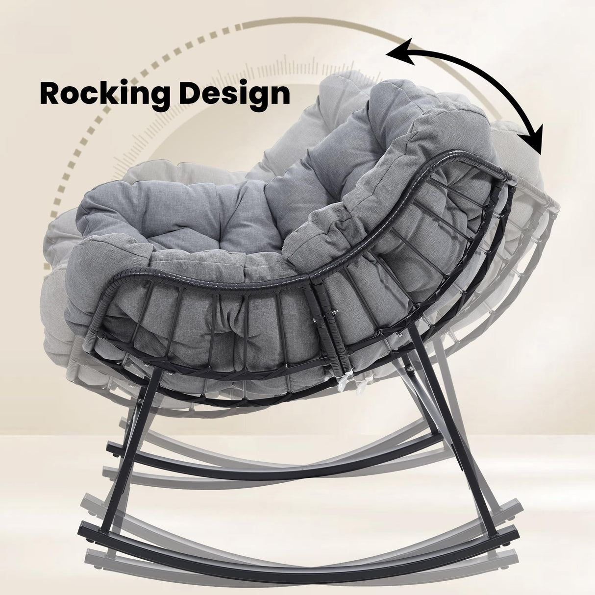 Kromax Oversized Outdoor Papasan Rocking Chair, Wicker Egg Chair Rocker for Outside, Comfy Patio Rocker, Large Indoor Rocking Recliner, Modern Egg Style, Grey Kromax
