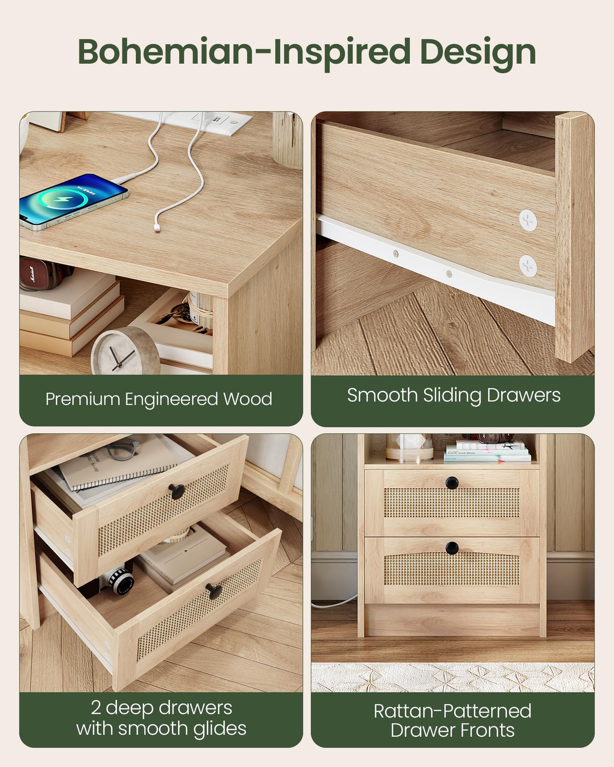 CHOEZON Rattan Nightstand, Boho Side Table, Bedside Table with Charging Station and 2 Drawers, Engineered Wood End Table, for Bedroom, Study, Natural MBZ07UNL CHOEZON