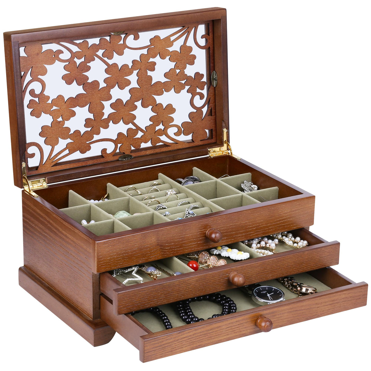 Kendal Wooden Jewelry Box for Women, Real Wooden Jewelry Holder Organizer Box with Four Leaf Clover Patterns, Graduation Gift Jewelry Boxes for Storage Earrings Rings Bracelet, Ideal Gift for Mom Kendal