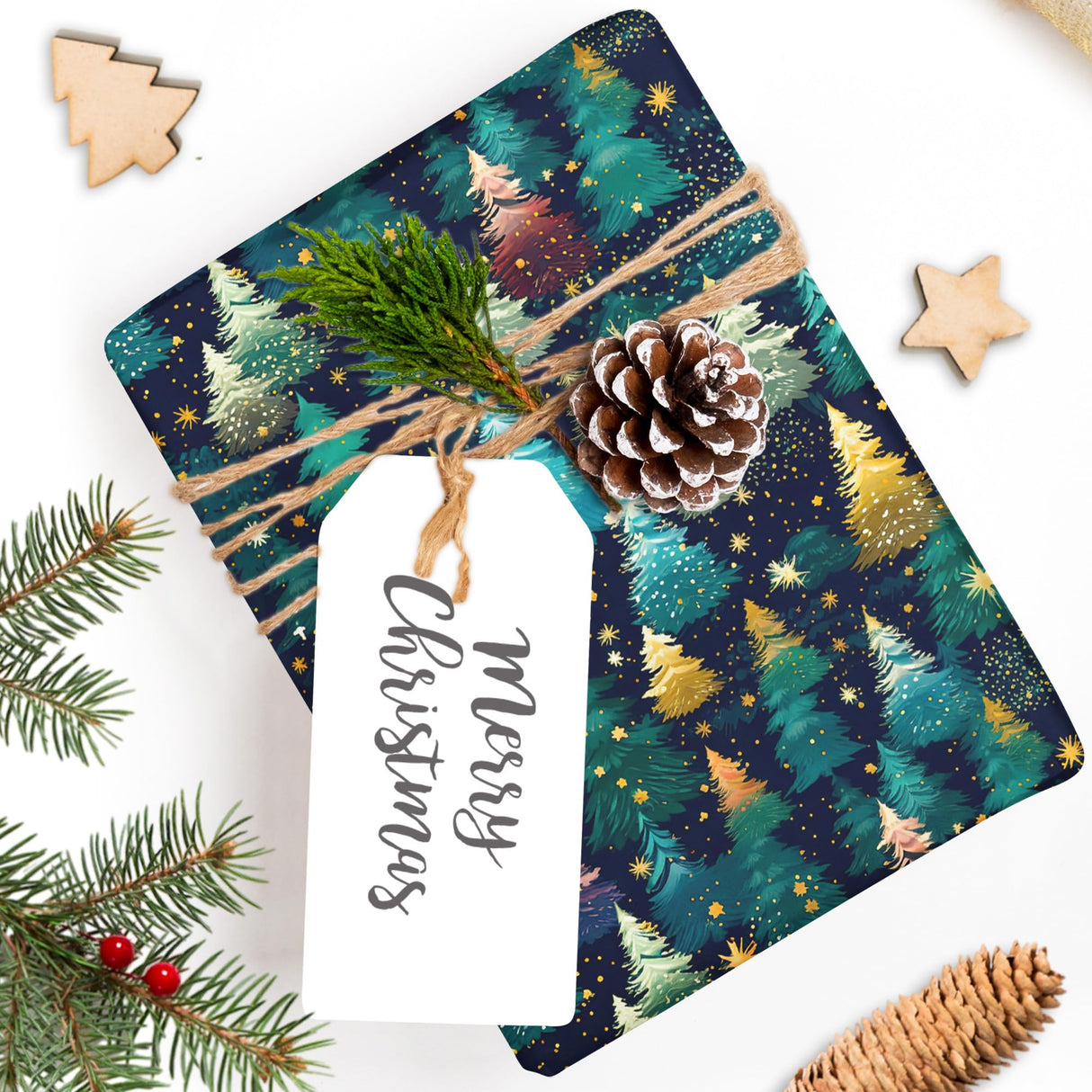 SaringSwoon Christmas Tree Wrapping Paper for Kids Adults - Xmas Wrapping Paper with Starry Night Sky, Christmas Trees and Stars Designs for Winter Holiday - 40×28 Inches, 4 Folded Sheets SaringSwoon