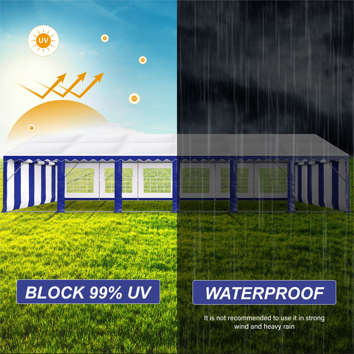 PHI VILLA 40 ft. x 20 ft. Large Outdoor Canopy Wedding Party Tent with Removable Side Walls & 7 Storage Bags, White with Blue Stripes PHI VILLA