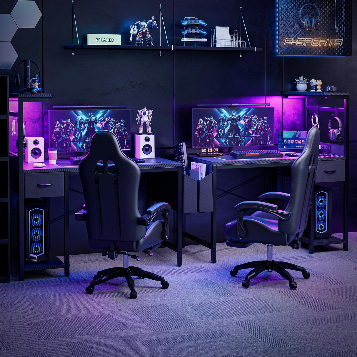 Grandder Gaming Desk 47 Inch with Power Outlet and LED Light, Computer Desk with Reversible Shelves and Storage Drawer, Pc Small Desk for Home Office Table with Bag, Carbon Fiber Black Grandder