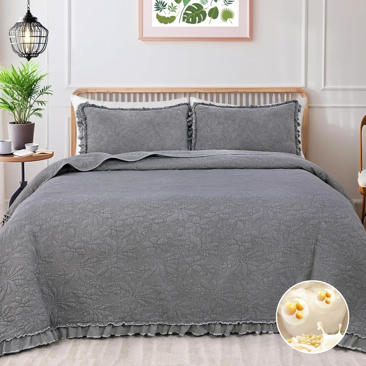 Uspring Grey Ruffled Floral Quilts Queen Size Soybean Fiber Filling Bedding Set 3 Piece, Stone-Washed Microfiber Farmhouse Shabby Chic Lightweight Soft Bedspread Coverlet for All Season, 90'' x 90'' Uspring
