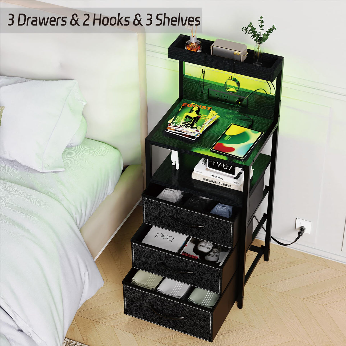SZLHANJZ LED Nighstand with Charging Station, Dresser Nightstand with 3 Drawers and LED Lights, Storage Side Table with 3 Shelf and Hooks, Bedroom End Table for Bedside, Modern Black SZLHANJZ