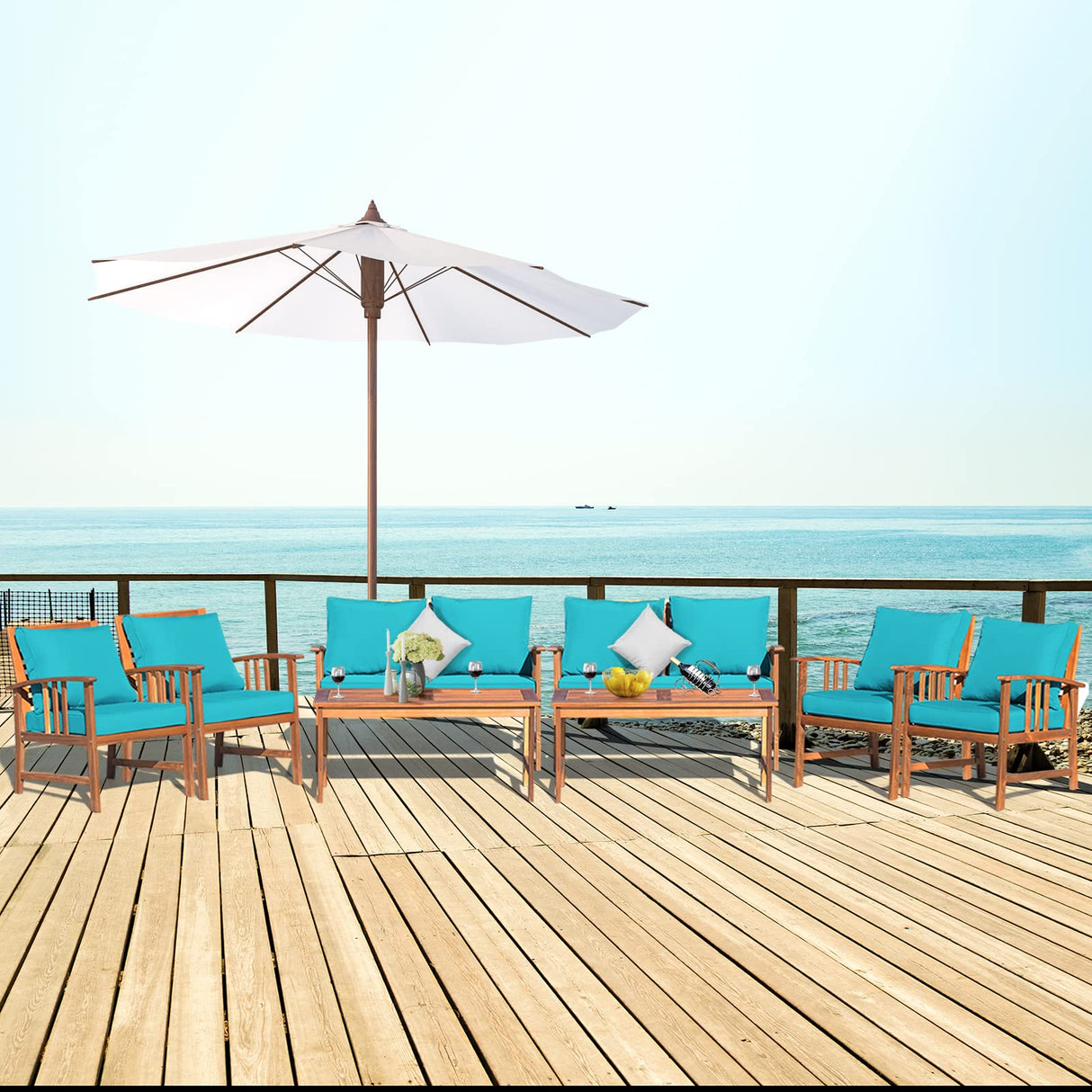 Tangkula 8 PCS Acacia Wood Patio Furniture Set, Outdoor Seating Chat Set w/Gray Cushions Back Pillow, Outdoor Conversation Set w/Coffee Table for Garden, Backyard, Poolside Tangkula