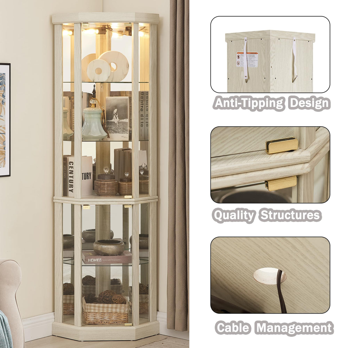 XZTUAJ 69"H Lighted Curio Cabinet Corner Display Case, Corner Glass Cabinet with Adjustable Shelves and Tempered Glass, Wooden Corner Curio Cabinet w/ Mirrored Back Pane for Living Room(Antique White) XZTUAJ