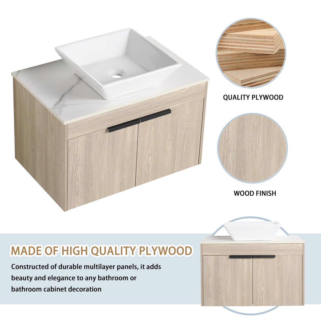 72 Inch Floating Bathroom Vanity, 72" Bathroom Vanity with Sink, Modern Double Sink Vanity Combo,White Oak Wall Mounted Cabinet Set with Open Storage Shelf WoodArtSupply