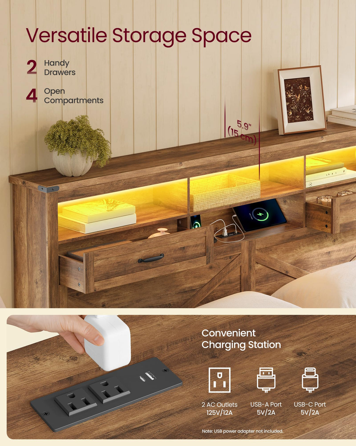 VASAGLE King Bed Frame with Storage Headboard, 51.3-Inch Tall Farmhouse Bed Frame King Size with 4 Drawers, LED Lights, Charging Station, Noise-Free, No Box Spring Needed, Honey Brown URMB424K01S VASAGLE