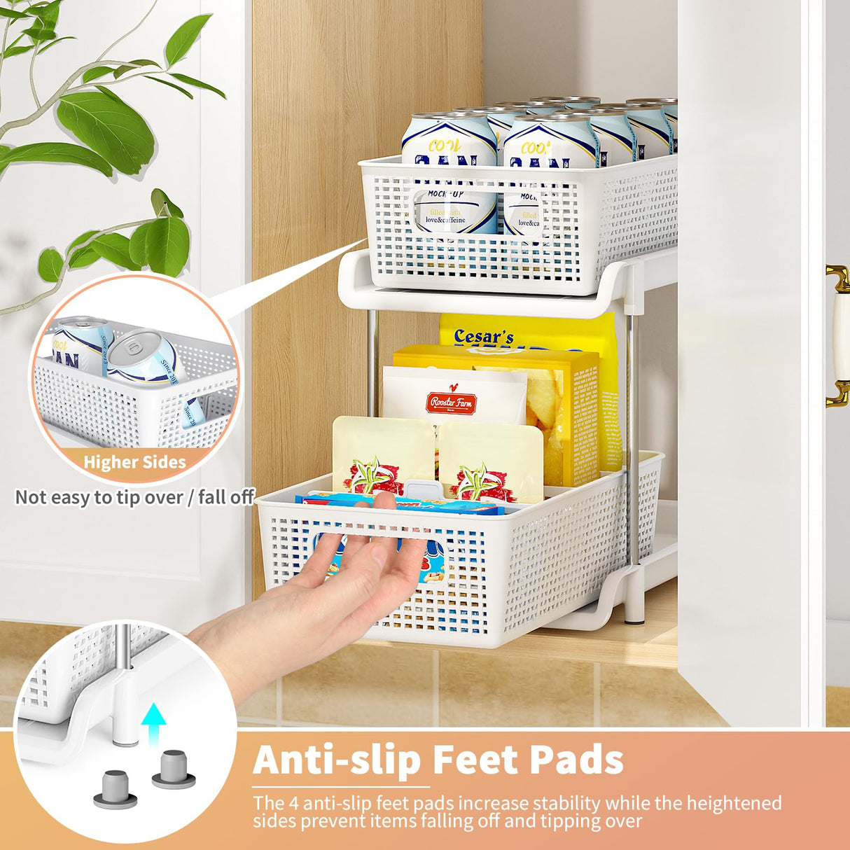 RIKOJUXI Bathroom Organizer with Dividers, 2Pcs 2 Tier Stackable Under Sink Organizers and Storage Cabinet Organizers for Bathroom Kitchen Pantry Organization and Storage, Medicine Cabinet Organizer RIKOJUXI