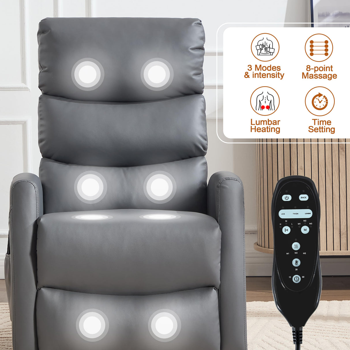 Manual Swivel Rocker Recliner Chair with Massage, Overstuffed Recliner Glider with Vibration Massage and Heat for Nursery, Living Room Reclining Sofa Chair, PU Leather Gray Luxlen