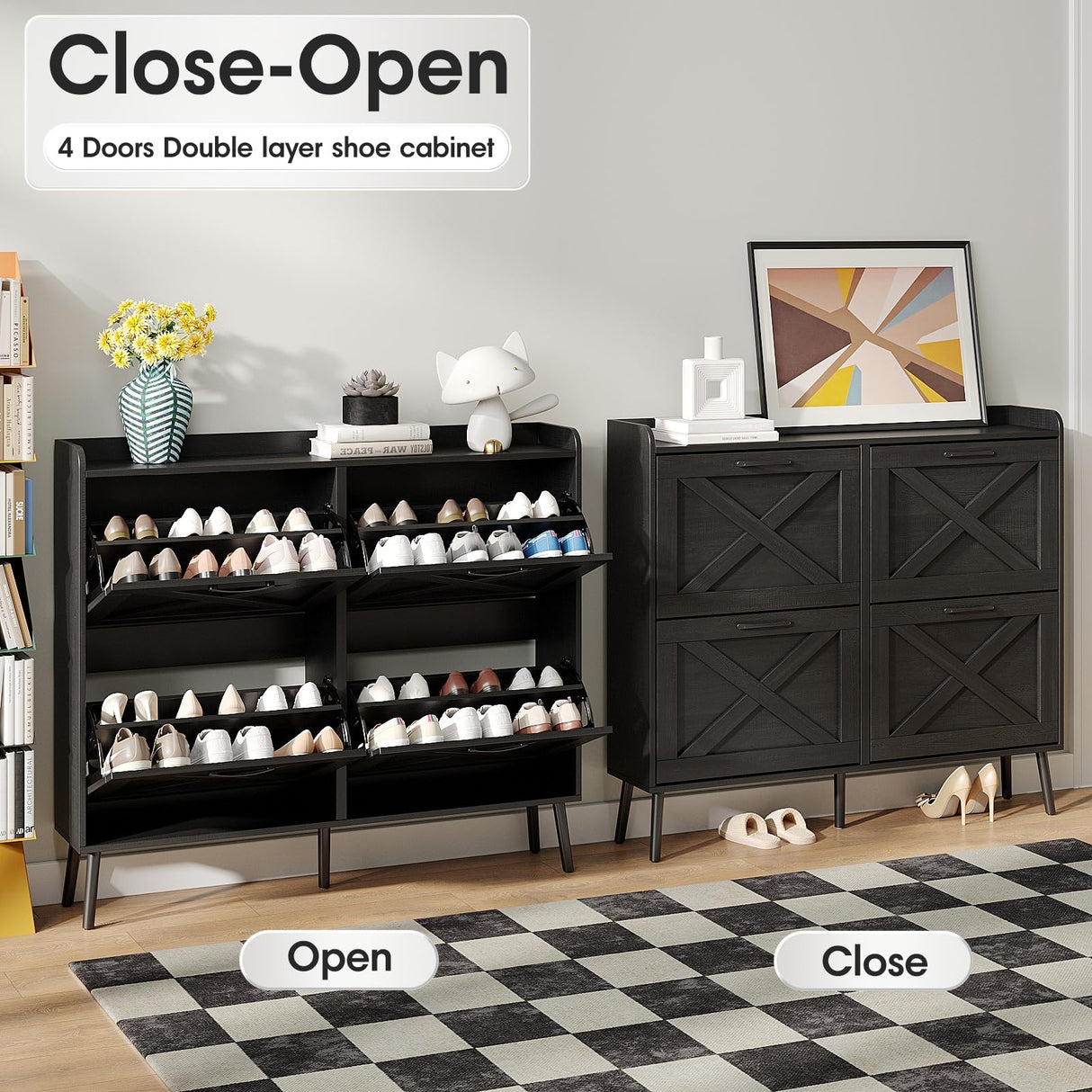 Maupvit Large Shoe Storage Cabinet with 4 Flip Drawers, Narrow Shoe Cabinet for Entryway with Wooden Legs, Freestanding Hidden Shoe Rack Organizer & Metal Hinges, Black Maupvit