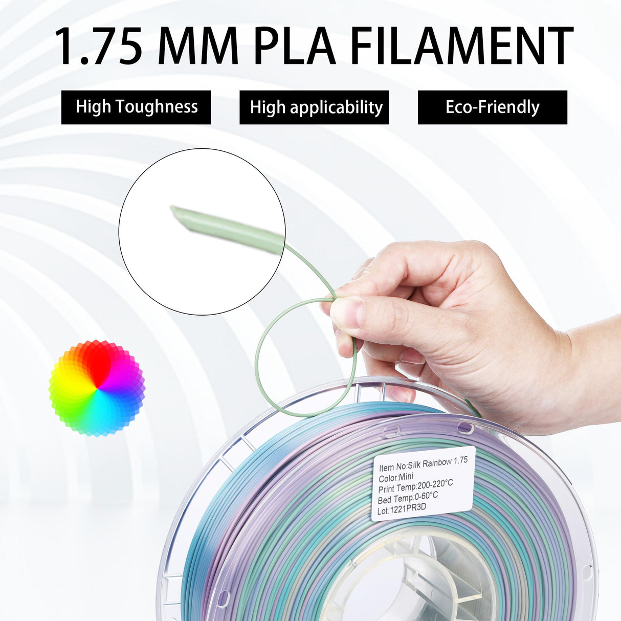 FXAAGFH 1KG 3D Printer Filament 1.75 mm Rainbow Color, Shining 3 D Print PLA Printing Filament +/-0.03mm, 2.2lbs Silk PLA FXAAGFH