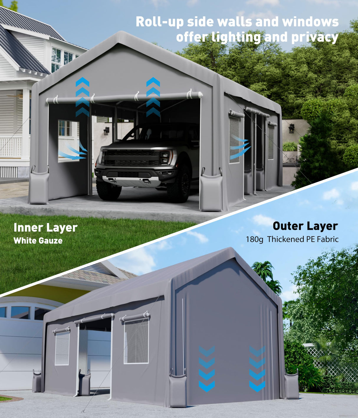 Hipicute Carport Zipper Door Replacement for Portable Garage - Compatible with 13' x 20' and 13' x 25' Frames - Gray (Zipper Doors Only, No Frame Included) Hipicute