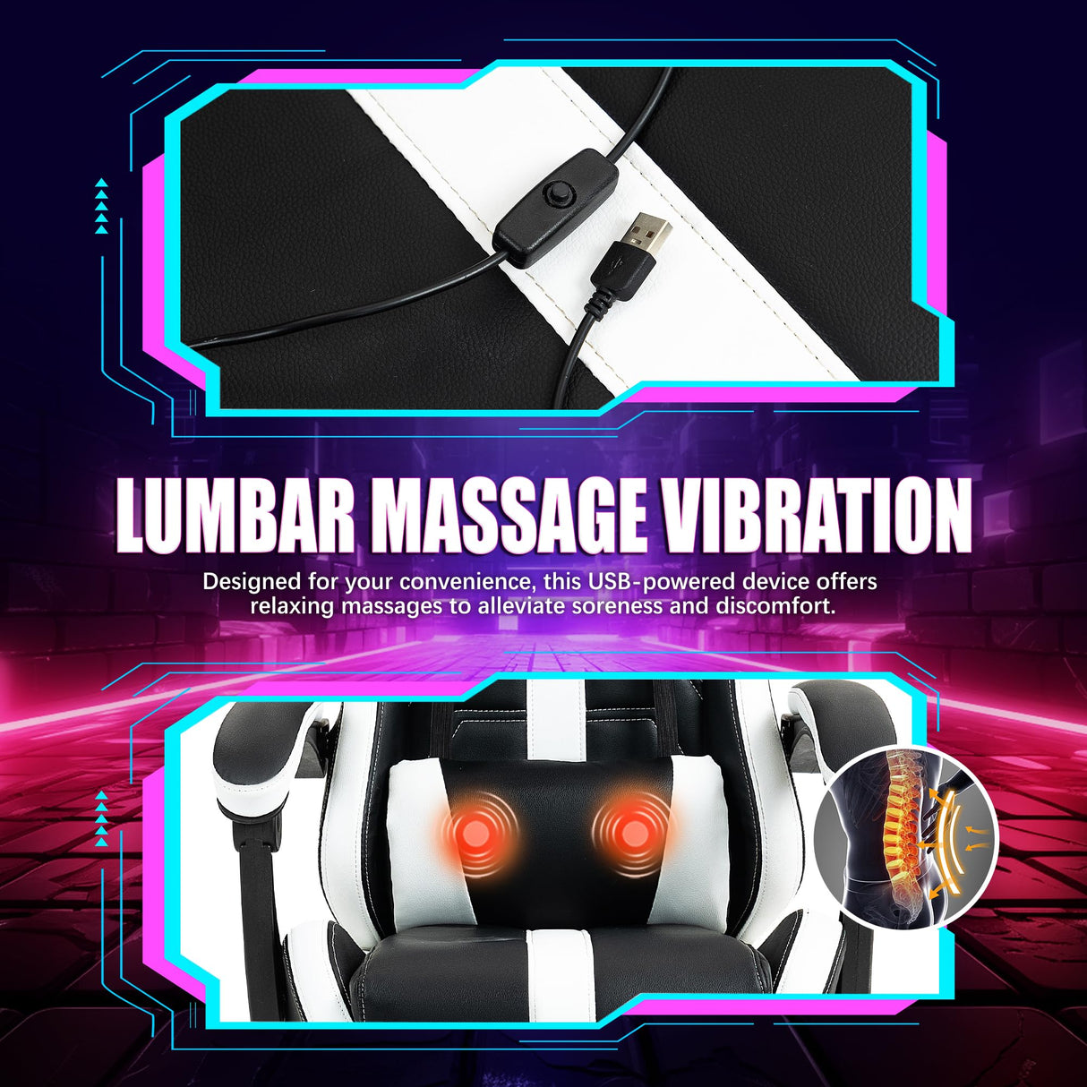 HOMHUM Massage Gaming Chair with Footrest, Ergonomic PU Leather Computer Chair w/Headrest and Lumbar, Height Adjustable, 360° Swivel Desk Office Chair, White HOMHUM