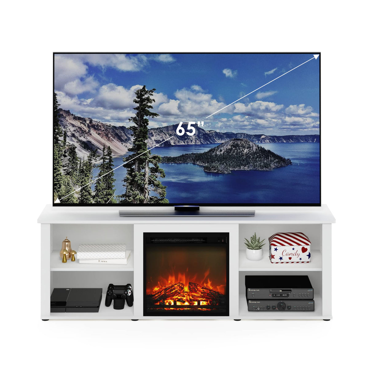 Furinno Classic 70 Inch TV Stand with Fireplace, Solid White Furinno