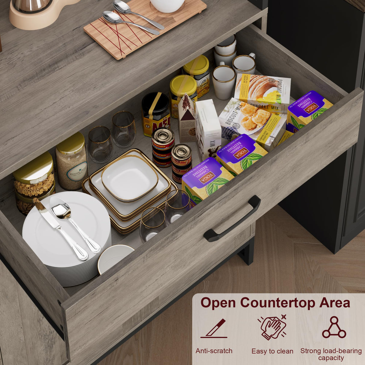 BOTLOG Hutch Cabinet with Storage, 71" H Kitchen Pantry Storage Cabinet with Microwave Stand, Hooks, Drawers for Home Bar, Kitchen, Dining Room, Industrial BOTLOG