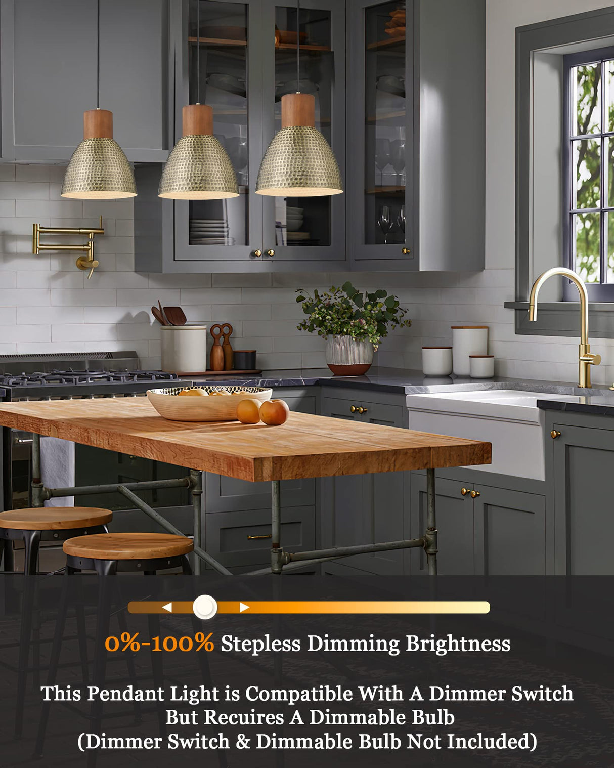 ELYONA Vintage Hammered Pendant Light Fixture, 7” Brushed Brass Metal Hanging Light Solid Wood Antique Gold Pendant Lamp for Kitchen Island, Farmhouse, Dining Room, Small, Adjustable Height ELYONA