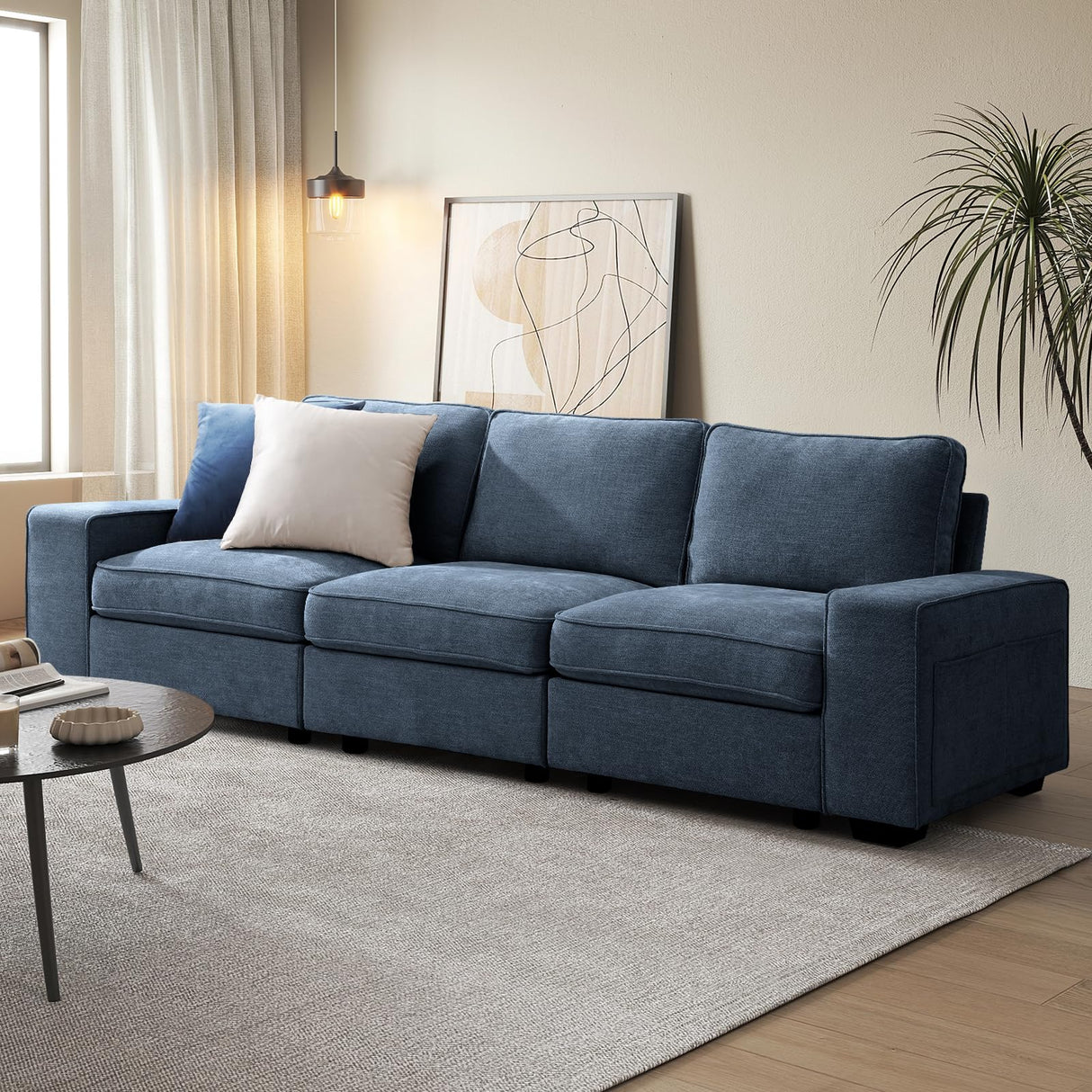 COOSLEEP 100" Sofa with Seats Storage, Comfy 3-Seater Chenille Fabric Couch for Living Room, Office, Apart W/Deep Seat, USB Charging, Upholstered Couch with Removable Cover, (Blue) COOSLEEP HOME