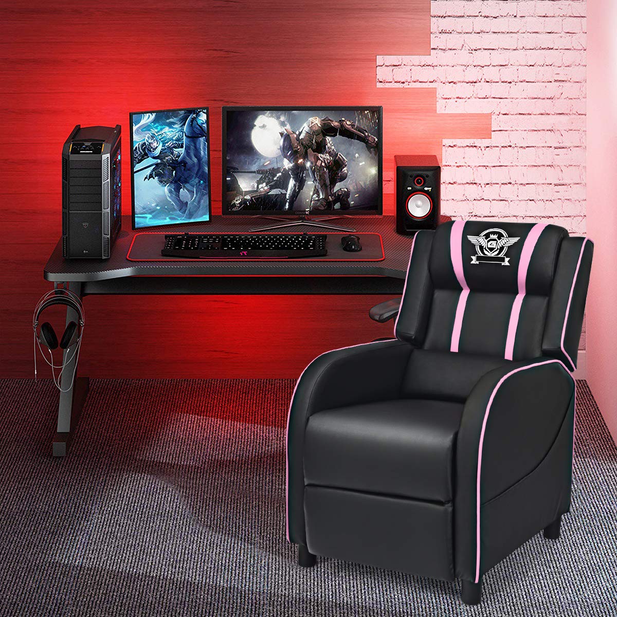 Giantex Gaming Recliner Chair, Adjustable Massage Gaming Chairs for Adults, Ergonomic Comfortable Lounge Leather Sofa w/Footrest, Remote Control & Side Pocket, Racing Style Single Sofa Recliners, Pink Giantex